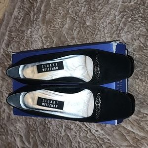 EUC Stuart Weitzman Baton Rhinestone Black Peau De Soie Elegant Pump Sz 7